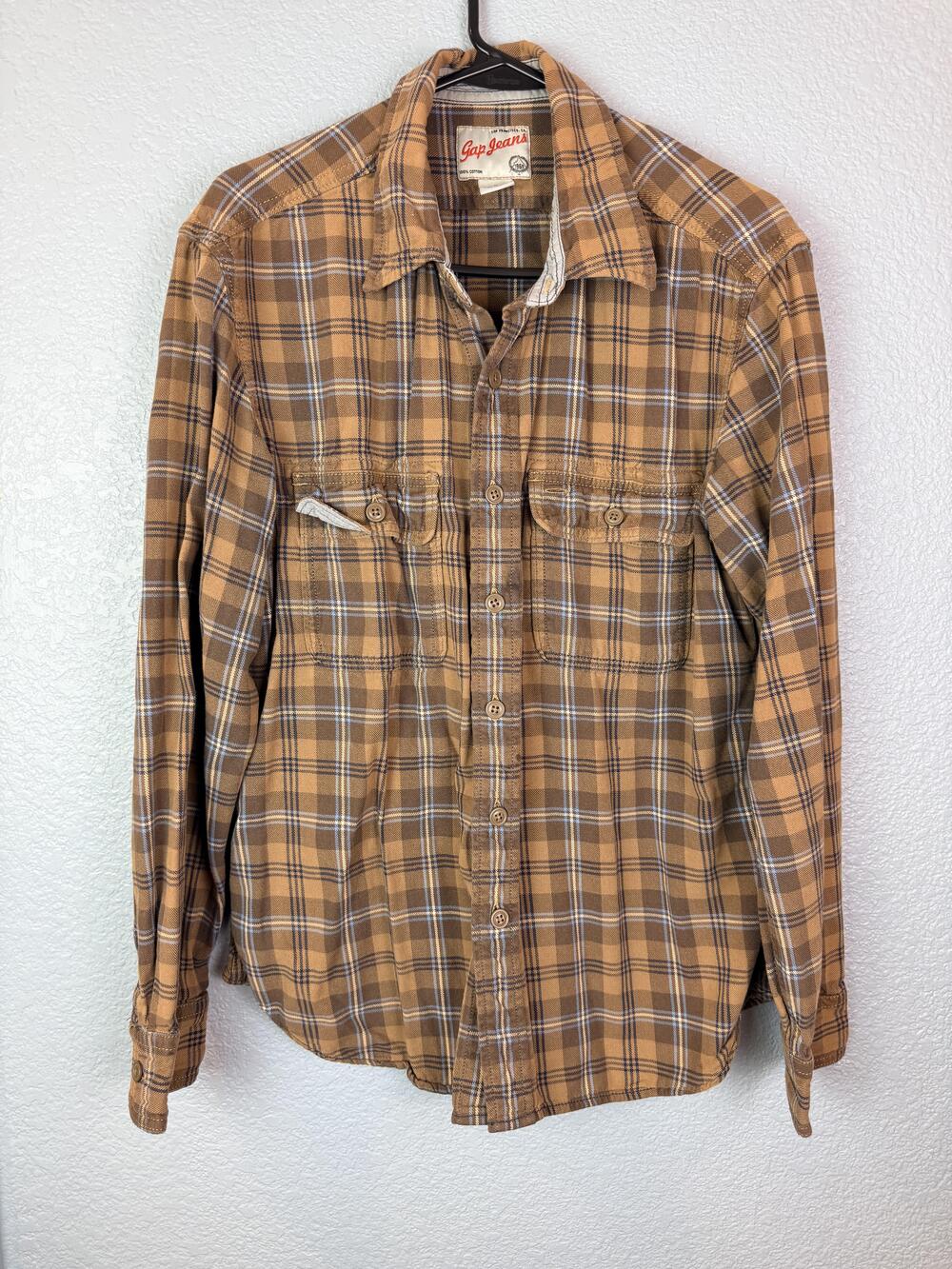 Gap Jeans Shirt Mens Medium Brown Plaid Flannel Button Up Long Sleeve Casual